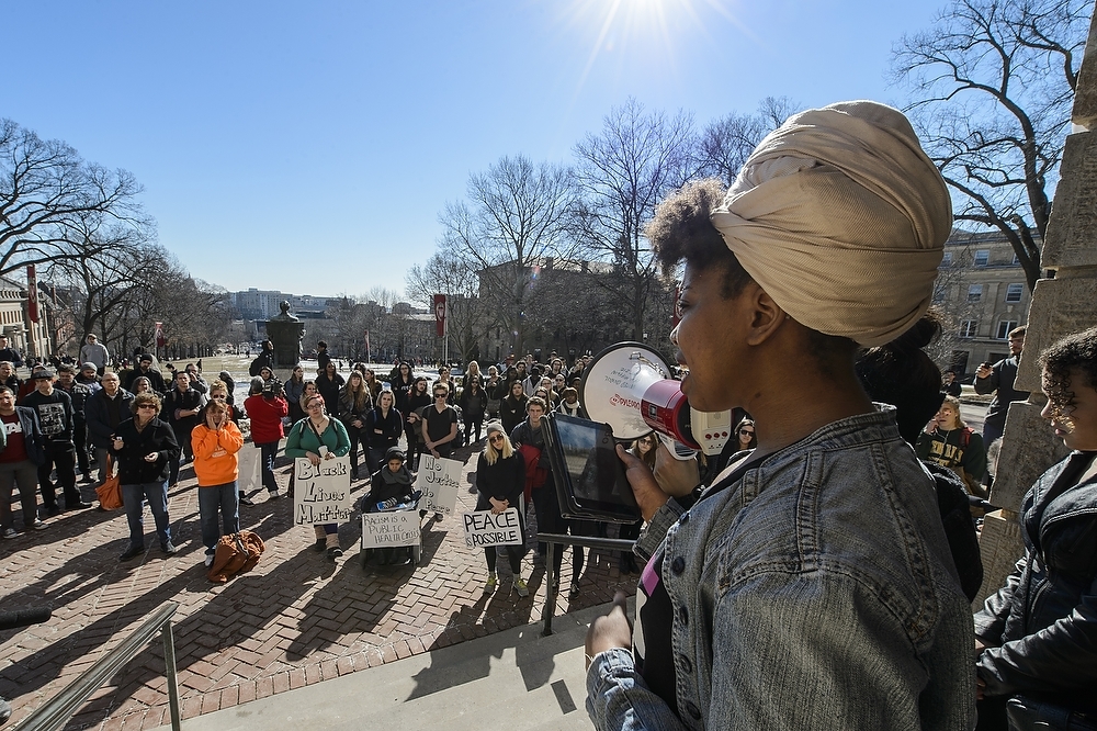 Photo: Miona Short addressing crowd on Bascom Hill