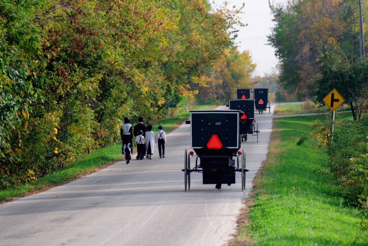 Photo: Amish families walking and in carriages