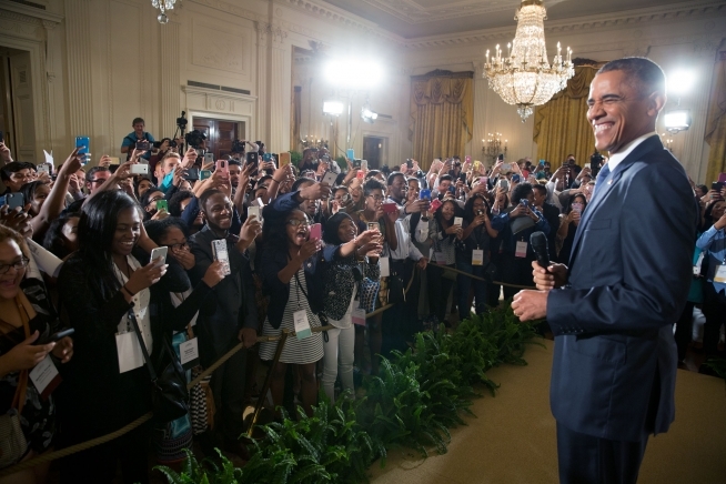 President Barack Obama makes a surprise visit to the Beating the Odds Summit, part of the First Lady’s Reach Higher Initiative, in the East Room of the White House.  CREDIT: Official White House photo by Pete Souza.