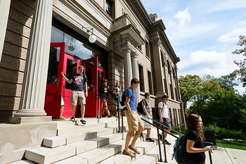 Photo: Students walking down Education Building steps