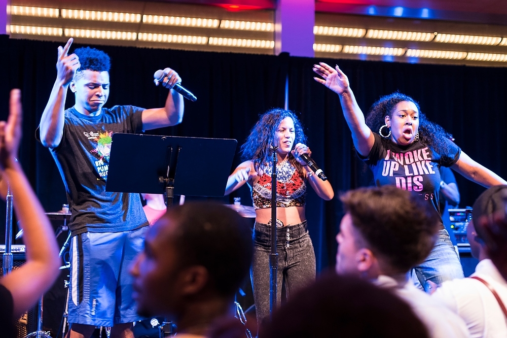 Photo: Students (from left to right) Elisha Ikhumhen, Miriam Burgos, Tashiana Lipscomb and Caleb Caldwell sing No One by Alicia Keys during live band karaoke performance.