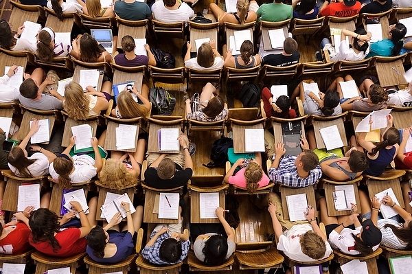 Photo: Overhead view of students in lecture hall