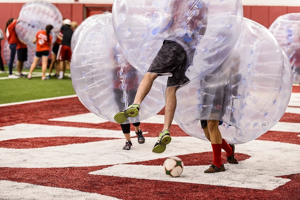 Photo: Students playing bubble soccer