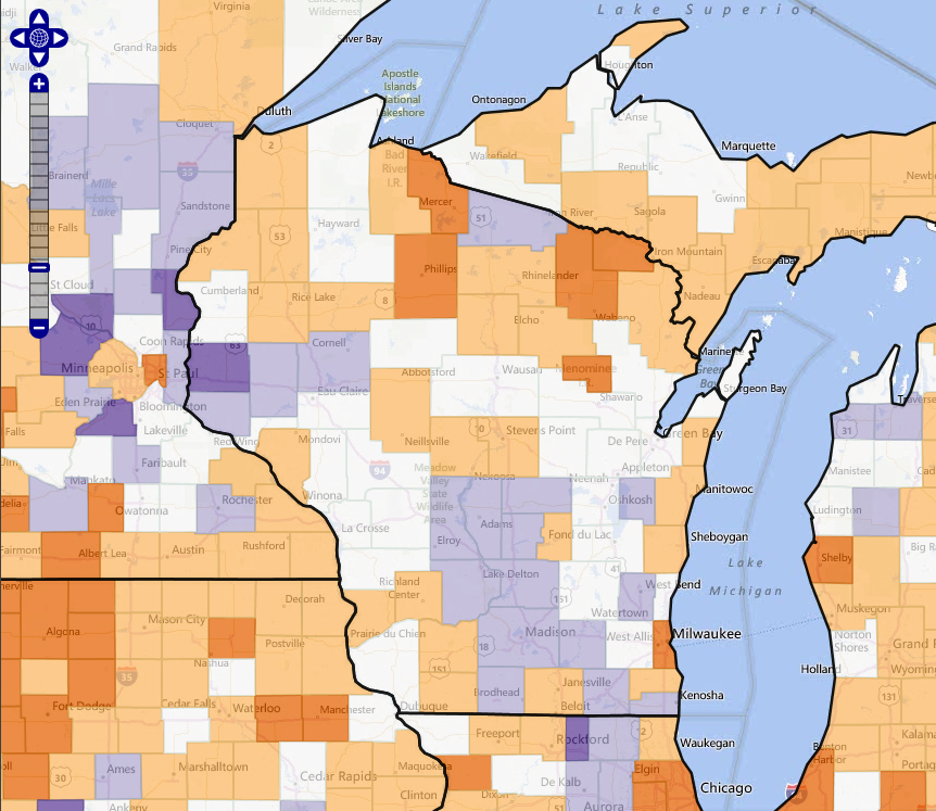 Map: Wisconsin counties by population migration