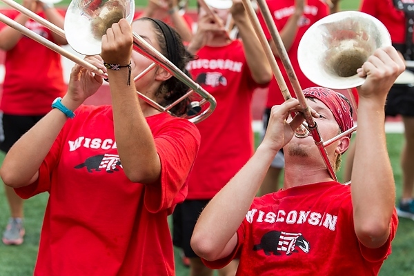Photo: Members of Marching Band wearing red shirts