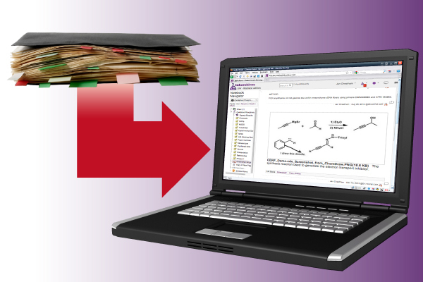 Graphic: File folders with arrow pointing toward laptop computer