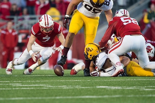 Photo: Wisconsin safety Michael Caputo (7) recovers a Minnesota fumble during the second quarter