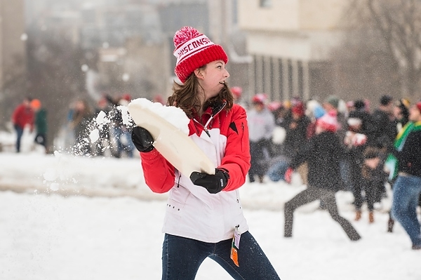 Photo: Battle for Bascom participant brandishes a tray of snow