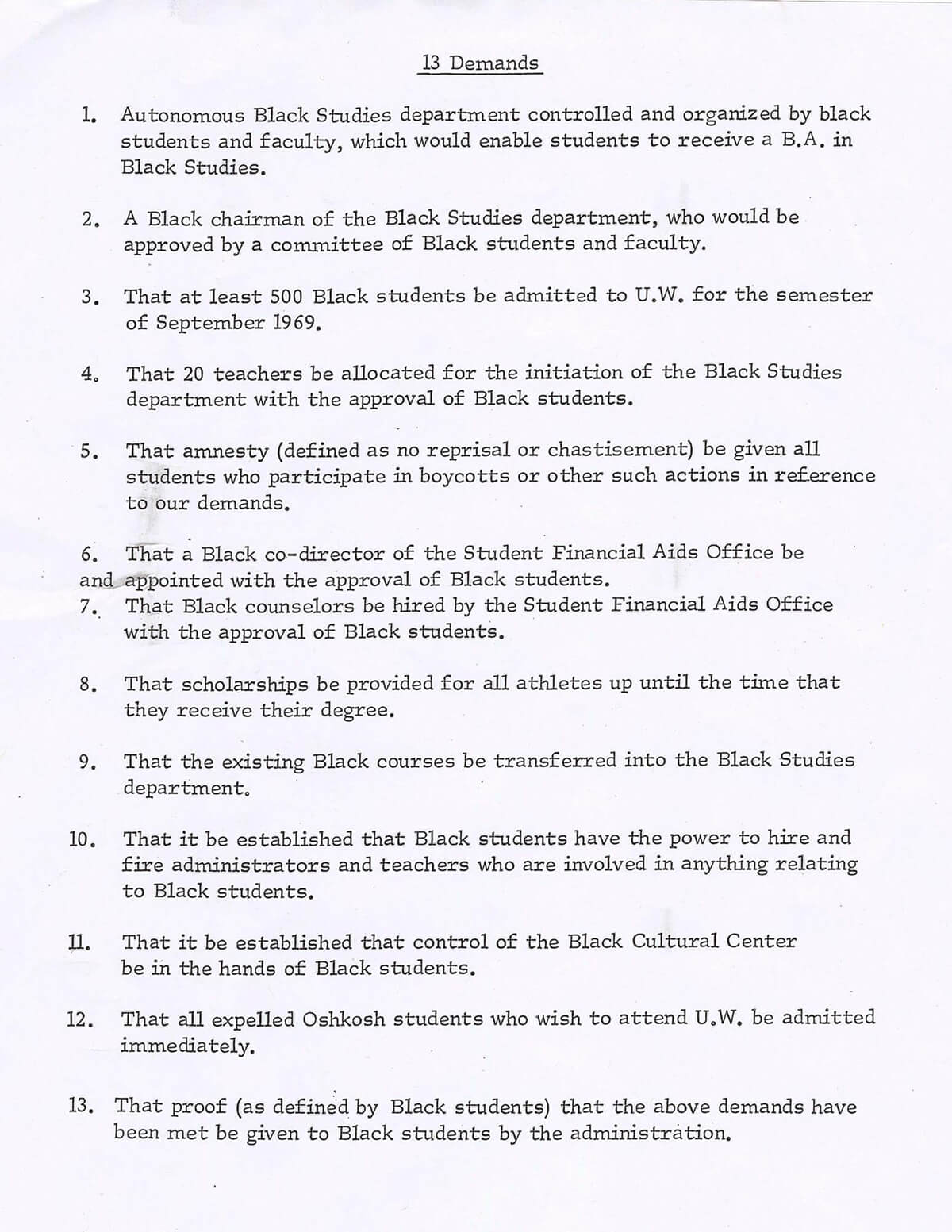 The official typed document listing the 13 demands presented to UW Administration. Photo: UW Archives