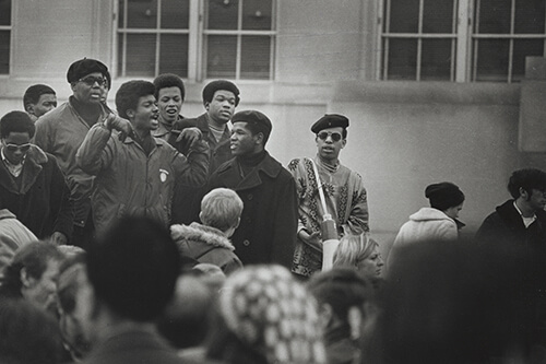 African American leaders of the student strike hold a rally outdoors. Photo: UW Archives