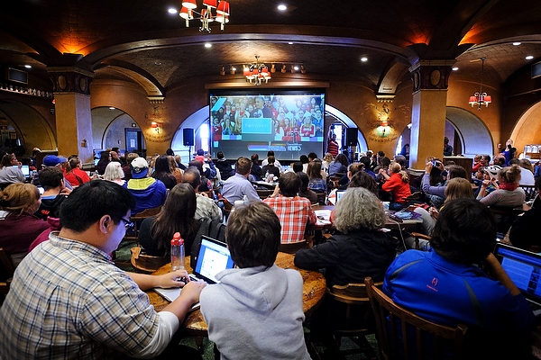 The Memorial Union Rathskeller was one of several campus locations to offer a comfortable place for people to watch a live feed of the president’s speech when the event venue, Bascom Hill, filled to capacity.