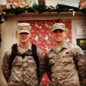Sam Soderberg, right, and a fellow serviceman celebrate the holidays while on active duty in the United Arab Emirates in 2012.