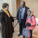 Chancellor Blank speaks outside the club's administrative offices with Gerard Randall, the executive director of the Milwaukee Partnership Academy and a former University of Wisconsin System Regent. With Randall is his granddaughter, Samyrah Clayton.