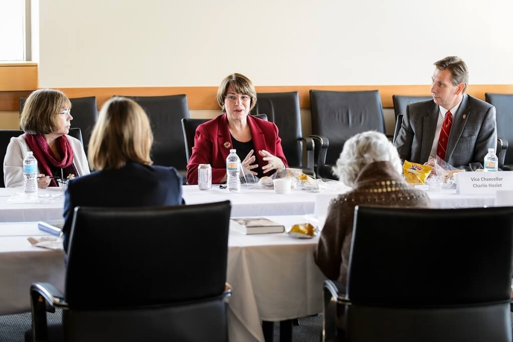Klobuchar is flanked by Marsha Mailick, UW-Madison's vice chancellor for research and graduate education, and Charles Hoslet, interim vice chancellor of university relations. 