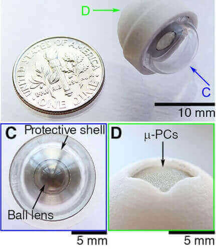 The ball-shaped, fingertip-sized artificial eye uses thousands of mirrors and a domed shape (seen in image D) to concentrate scant light.