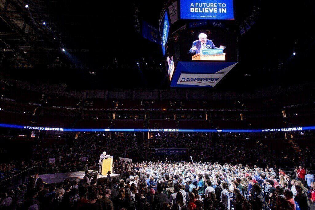 Democratic presidential candidate Sen. Bernie Sanders speaks to a crowd of about 4,400 at the Kohl Center on April 3, two days before the Wisconsin presidential primary. (Photo by Jeff Miller/UW-Madison)