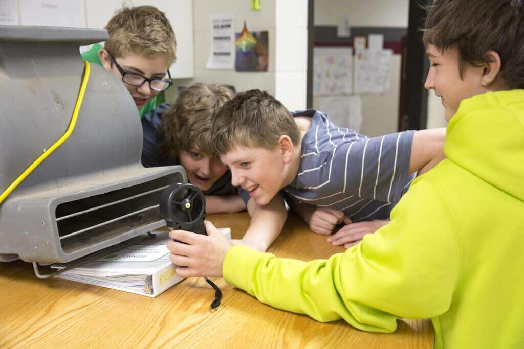 Photo: North Crawford students measure wind speeds as part of lessons on energy their teacher, Lisa Andresen, created after attending courses for educators at the Wisconsin Energy Institute.