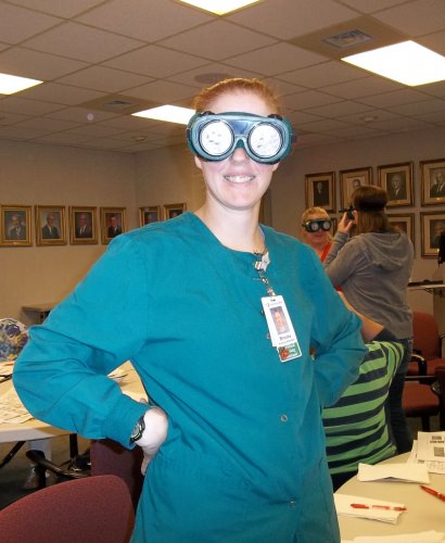 Photo: Brooke Foley wearing low-vision goggles
