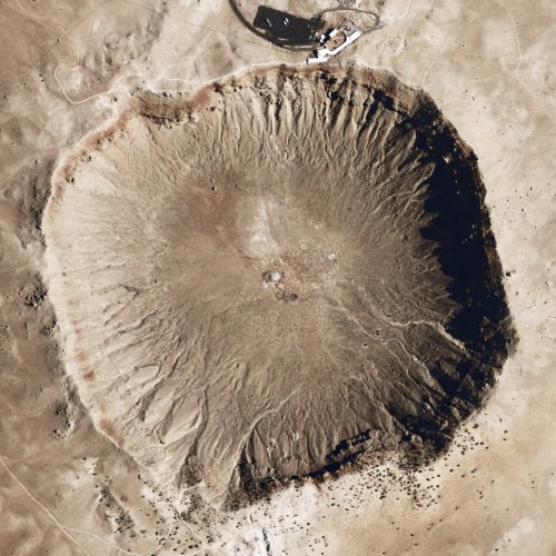 Satellite image of Meteor Crater in Arizona, caused by an impact about 49,000 years ago. 