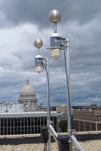 Two weather stations designed by Understory are mounted on the roof of the company's offices on West Washington Avenue. 