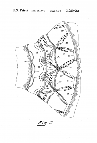 This is a 1976 drawing of a support structure for a rippled superconducting magnet. In electric generating stations, excess energy produced during off-peak hours can be stored in superconducting magnets and later returned to the power system during periods of high loads. In the mid 1970’s a trio of UW inventors — Roger Boom, Harold Peterson and Warren Young — created an electrical magnet for storing large amounts of energy at much less cost than magnets employing conventional support structures. 