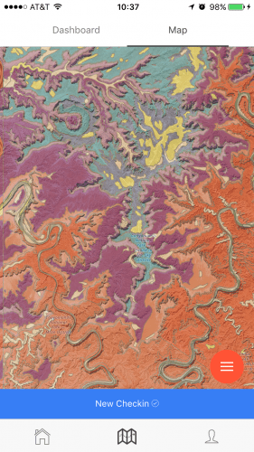 Image: A river-dissected plateau near Moab, Utah, shown in Rockd. Colors show the age of rocks; two winding rivers cut deeply into the strata.