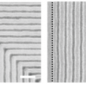 Scanning electron micrographs of block copolymer films assembled on graphene/germanium chemical patterns with 90 degree bends (left side) and with density multiplication by a factor of 10 (right side). The black dotted lines (right side) indicate the period of the graphene/germanium chemical pattern, in which the period of the assembled block copolymer is reduced by a factor of 10 due to density multiplication. The scale bars are 200 nm.