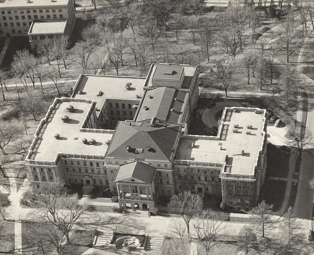 An aerial view of Bascom Hall in 1955 shows the rough modern configuration of the building.