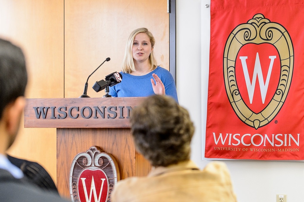 Claire Allen, a 2014 UW graduate, speaks about her successes finding employment through the career services offered by UW during the opening ceremony of the Career Exploration Center (CEC) inside Ingraham Hall at the University of Wisconsin–Madison on Jan. 30, 2017. The CEC advisors will help students explore majors and careers through a variety of ways including workshops and one-on-one advising sessions. (Photo by Bryce Richter / UW–Madison)