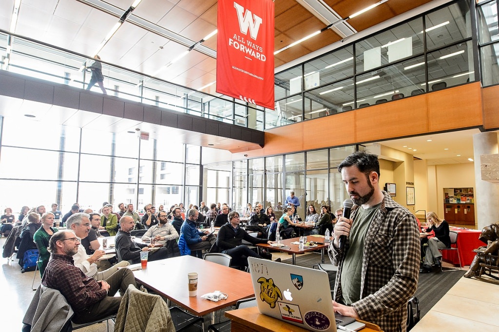 Dan Norton, CCO at Filament Games in Madison, Wisconsin, speaks to a group of UW-Madison researchers, Wisconsin K-12 teachers and principals, and state policymakers during a panel discussion on games in education on Jan. 27, 2017, in the Education Building atrium at the University of Wisconsin-Madison. (Photo by Bryce Richter / UW-Madison)