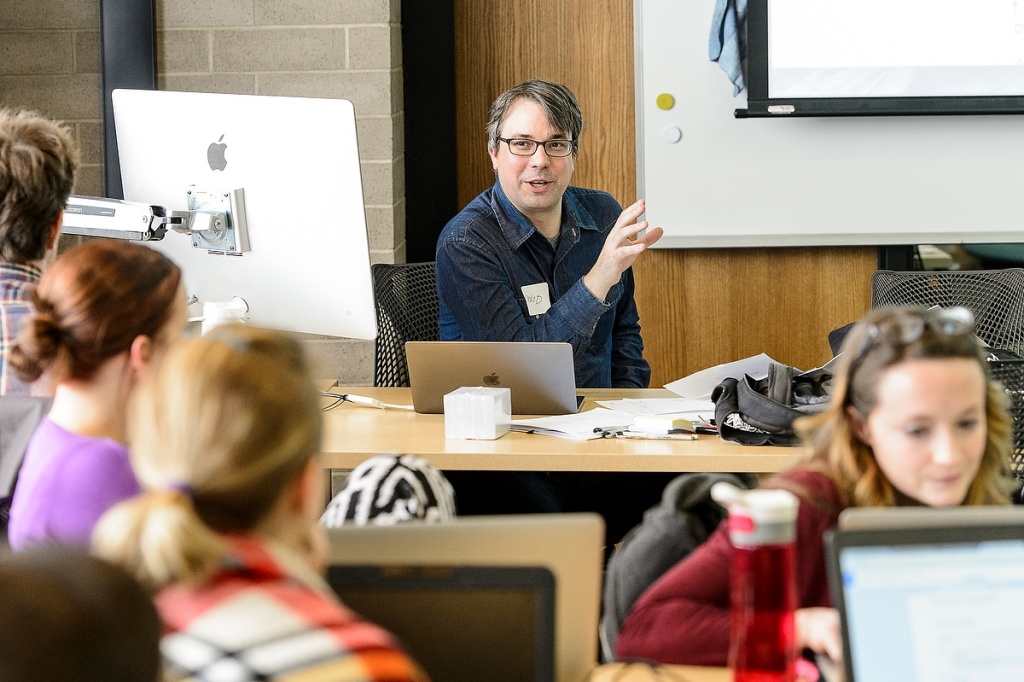 UW-Madison researcher David Gagnon (center) leads a group of Wisconsin K-12 school science teachers in a collaborative discussion with UW-Madison staff and experienced computer-game designers during a Field Day Lab mini-game design workshop held at the Wisconsin Institute for Discovery (WID) at the University of Wisconsin-Madison on Jan. 27, 2017. The educational outreach event is the hosted by the Wisconsin Institute for Discovery's Field Day Lab and focuses on designing and creating educational video games for their students and students across the country. (Photo by Bryce Richter / UW-Madison)