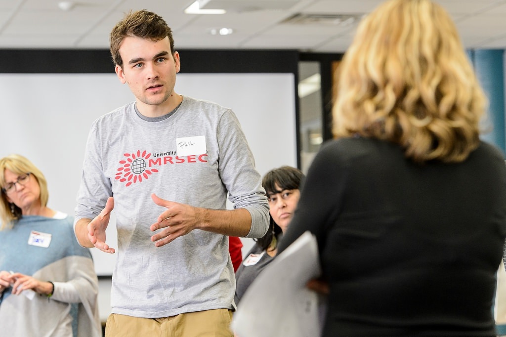 Phil Dougherty, a software developer at the UW Field Day Lab, discusses gaming concepts with a group of K-12 Wisconsin science teachers during a Field Day Lab mini-game design workshop held at the Wisconsin Institute for Discovery (WID) at the University of Wisconsin-Madison on Jan. 27, 2017. The educational outreach event is the hosted by the Wisconsin Institute for Discovery's Field Day Lab and focuses on designing and creating educational video games for their students and students across the country. (Photo by Bryce Richter / UW-Madison)