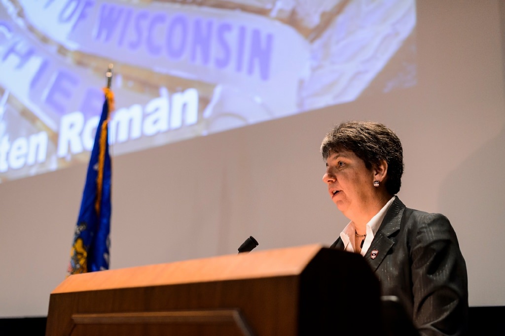 Retired UW Police Chief Susan Riseling speaks as part of a formal swearing-in ceremony for UW Police Department Chief Kristen Roman at Union South's Marquee Cinema at the University of Wisconsin-Madison on Feb. 1, 2017. (Photo by Jeff Miller/UW-Madison)