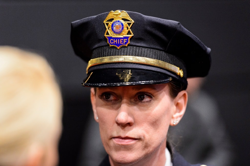 UW Police Department Chief Kristen Roman is pictured following her formal swearing-in ceremony at Union South's Marquee Cinema at the University of Wisconsin-Madison on Feb. 1, 2017. (Photo by Jeff Miller/UW-Madison)