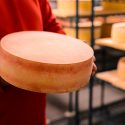 Master cheesemaker Chris Roelli holds a fifteen-pound wheel of Little Mountain cheese aging in a storage facility at Roelli Cheese.