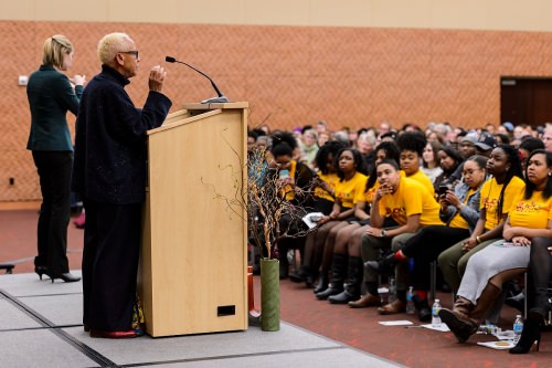 Nikki Giovanni, world-renowned poet, writer, commentator, activist, and educator, talks to a standing-room-only crowd of several hundred people at the Gordon Dining and Event Center at the University of Wisconsin-Madison on Feb. 15, 2017. Giovanni gave the keynote speech as part of UW-Madison's celebration of Black History Month. (Photo by Jeff Miller/UW-Madison)