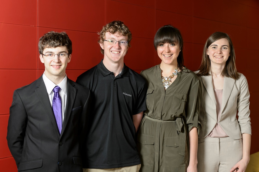 From left to right, UW–Madison undergraduates Cory Cotter, Lucas Oxtoby, Emily Jewell, and Elise Penn. Cotter, Oxtoby and Jewell are each recipients of the 2017 Barry M. Goldwater Scholarship for undergraduate excellence in the sciences, and Penn won honorable mention.