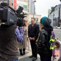 Professor Adam Kern is interviewed in the Jimbōchō district of downtown Tokyo, near Isseidō Bookshop. 