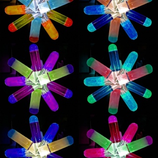 This photo illustration depicts a range of colors produced in test tubes by three chemical reactions: cobalt, hydrochloric acid, and deionized water; copper chloride hexahydrate, ammonia, and deionized water; and copper chloride hexahydrate, deionized water, and sodium hydroxide. Celia Glime, undergraduate student majoring in art and biology | smartphone