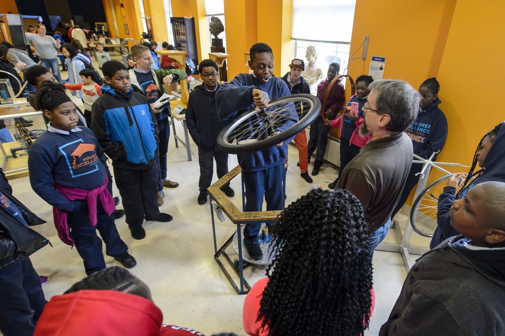 Students from the Milwaukee Excellence Charter School take a tour of the L.R. Ingersoll Physics Museum in Chamberlin Hall during a Bucky's Classroom event at the University of Wisconsin-Madison on April 27, 2017. Bucky's Classroom is a UW outreach program design to partner with K-8 Wisconsin schools to promote the value of higher education and provide classroom resources and an opportunity to directly engage with university students. (Photo by Bryce Richter / UW-Madison)