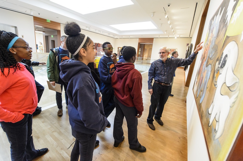 Students from the Milwaukee Excellence Charter School take a tour of the Chazen Museum of Art lead by volunteer docent John Young (right) during a Bucky's Classroom event at the University of Wisconsin-Madison on April 27, 2017. Bucky's Classroom is a UW outreach program design to partner with K-8 Wisconsin schools to promote the value of higher education and provide classroom resources and an opportunity to directly engage with university students. (Photo by Bryce Richter / UW-Madison)
