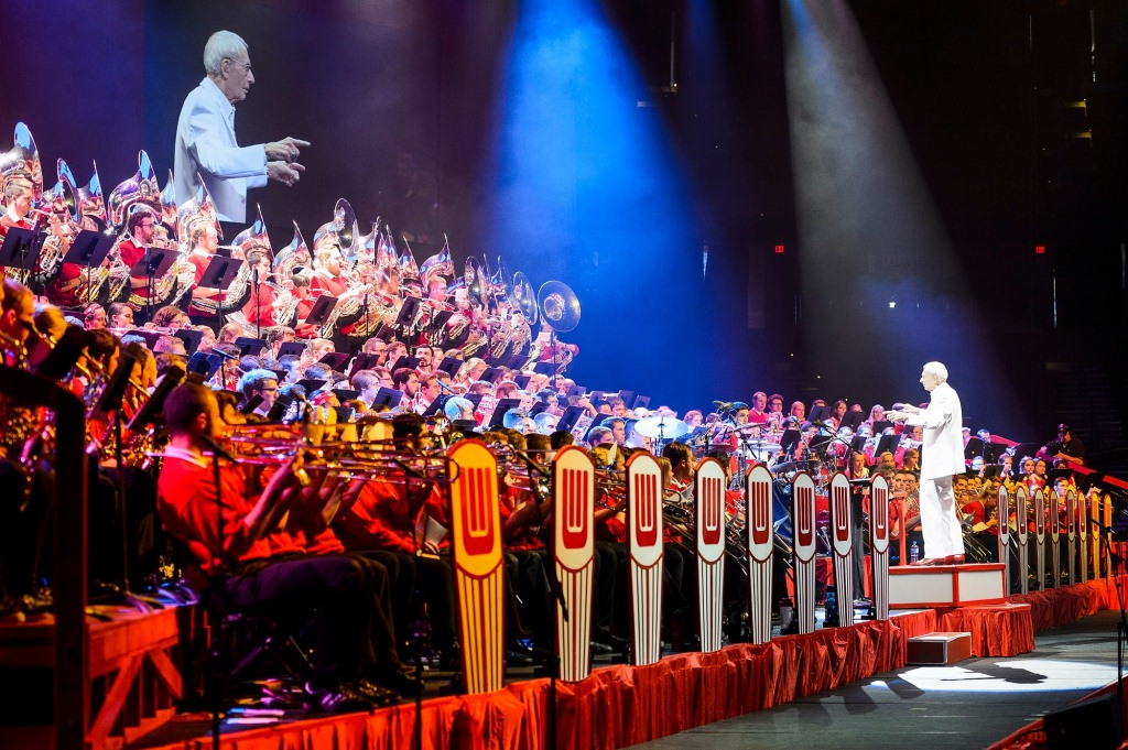 Band director Mike Leckrone, 80 and now in his 47th year at UW-Madison, directs the 43rd annual UW Varsity Band Spring Concert at the Kohl Center at the University of Wisconsin-Madison on April 20, 2017. This year's concert, entitled "Nobody Does It Better: 20 Years at the Kohl," comes after Leckrone's return to campus following recovery from a medical procedure this past winter. (Photo by Jeff Miller/UW-Madison)