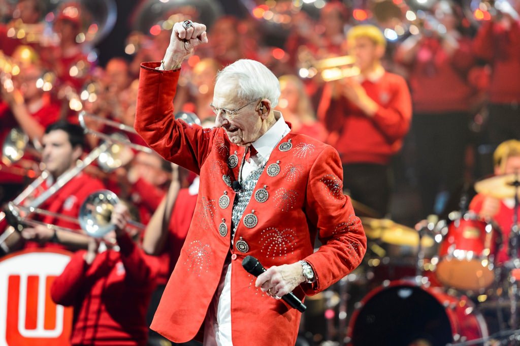 Band director Mike Leckrone, 80 and now in his 47th year at UW-Madison, directs the 43rd annual UW Varsity Band Spring Concert at the Kohl Center at the University of Wisconsin-Madison on April 20, 2017. This year's concert, entitled "Nobody Does It Better: 20 Years at the Kohl," comes after Leckrone's return to campus following recovery from a medical procedure this past winter. (Photo by Jeff Miller/UW-Madison)