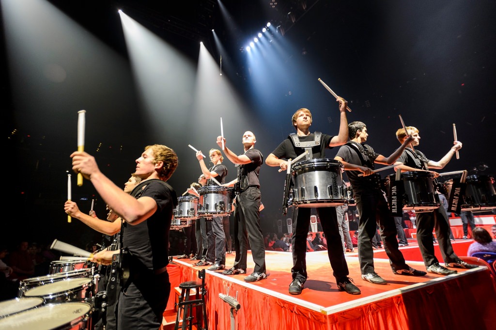 The percussion section performs during the 43rd annual UW Varsity Band Spring Concert at the Kohl Center at the University of Wisconsin-Madison on April 20, 2017. This year's concert, entitled "Nobody Does It Better: 20 Years at the Kohl," comes after band director Mike Leckrone's return to campus following recovery from a medical procedure this past winter. Leckrone is 80 and now in his 47th year at UW-Madison. (Photo by Jeff Miller/UW-Madison)