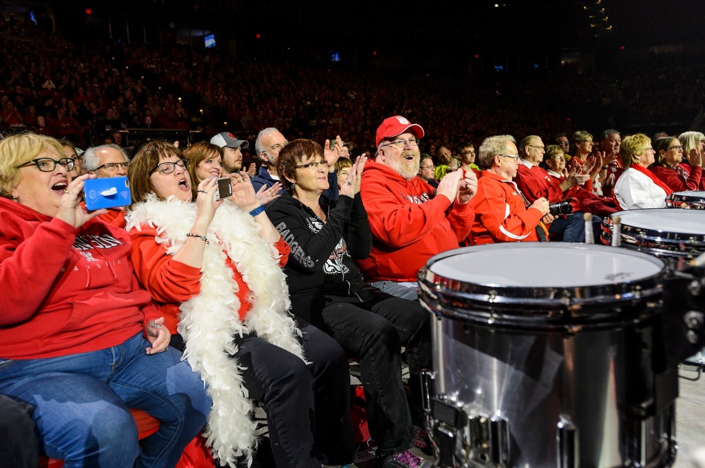 Audience members enjoy an up-close performance by the percussion section during the 43rd annual UW Varsity Band Spring Concert at the Kohl Center at the University of Wisconsin-Madison on April 20, 2017. This year's concert, entitled "Nobody Does It Better: 20 Years at the Kohl," comes after band director Mike Leckrone's return to campus following recovery from a medical procedure this past winter. Leckrone is 80 and now in his 47th year at UW-Madison. (Photo by Jeff Miller/UW-Madison)