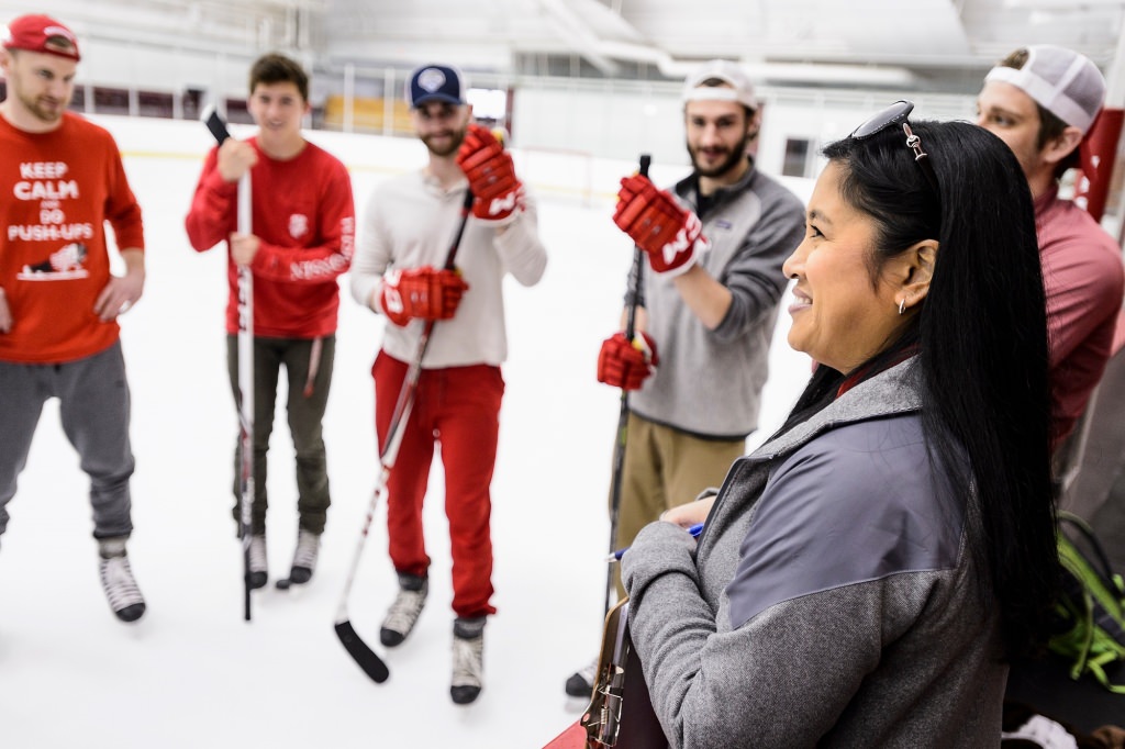 UW Spirit Squad Director Josette Jaucian talks to candidates and judges following an ice skating tryout for one of seven positions on the 2017-2018 Bucky Badger mascot team. The event was held at the Camp Randall Sports Center (also known as "the Shell") at the University of Wisconsin-Madison on April 18, 2017. (Photo by Jeff Miller/UW-Madison)