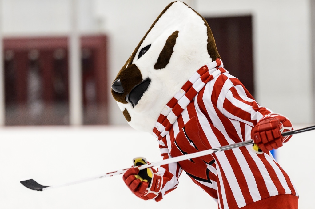 A Bucky candidate practices ice skating in costume with a hockey stick before a panel of judges during secondary tryouts for one of seven positions on the 2017-2018 Bucky Badger mascot team. The event was held at the Camp Randall Sports Center (also known as "the Shell") at the University of Wisconsin-Madison on April 18, 2017. (Photo by Jeff Miller/UW-Madison)