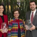 Chancellor Rebecca Blank, center, with the winners of UW-Madison’s annual Entrepreneurial Achievement Awards  — Michele Boal and Troy Vosseller.