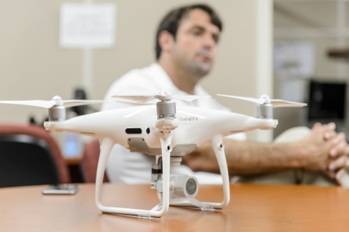 On June 2, 2017, Chris Johnson, associate lecturer in the College of Engineering at the University of Wisconsin–Madison, talks about drone technology and a new summer course he is teaching on flying unmanned aircraft systems. (Photo by Bryce Richter / UW–Madison)