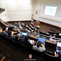 Students take notes on their laptop computers during a biochemistry class taught by Professor Sebastian Bednarek in an auditorium-style lecture hall in the recently renovated Biochemistry Building at the University of Wisconsin-Madison on April 16, 2012. (Photo by Jeff Miller/UW-Madison)
